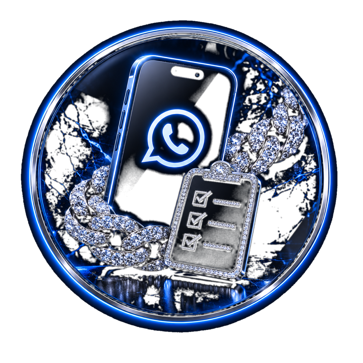 SHN Jewellery order badge: a phone with the WhatsApp chat icon, an iced Cuban chain and a diamond checklist