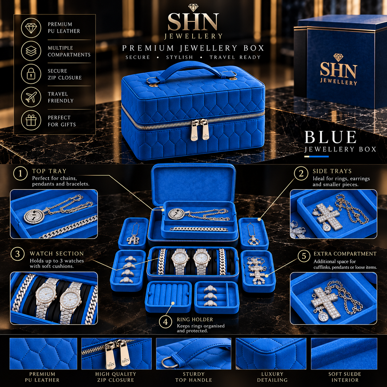 Custom blue quilted jewellery box shown closed with its top handle, and open with every tray compartment laid out holding iced rings, chains and watches