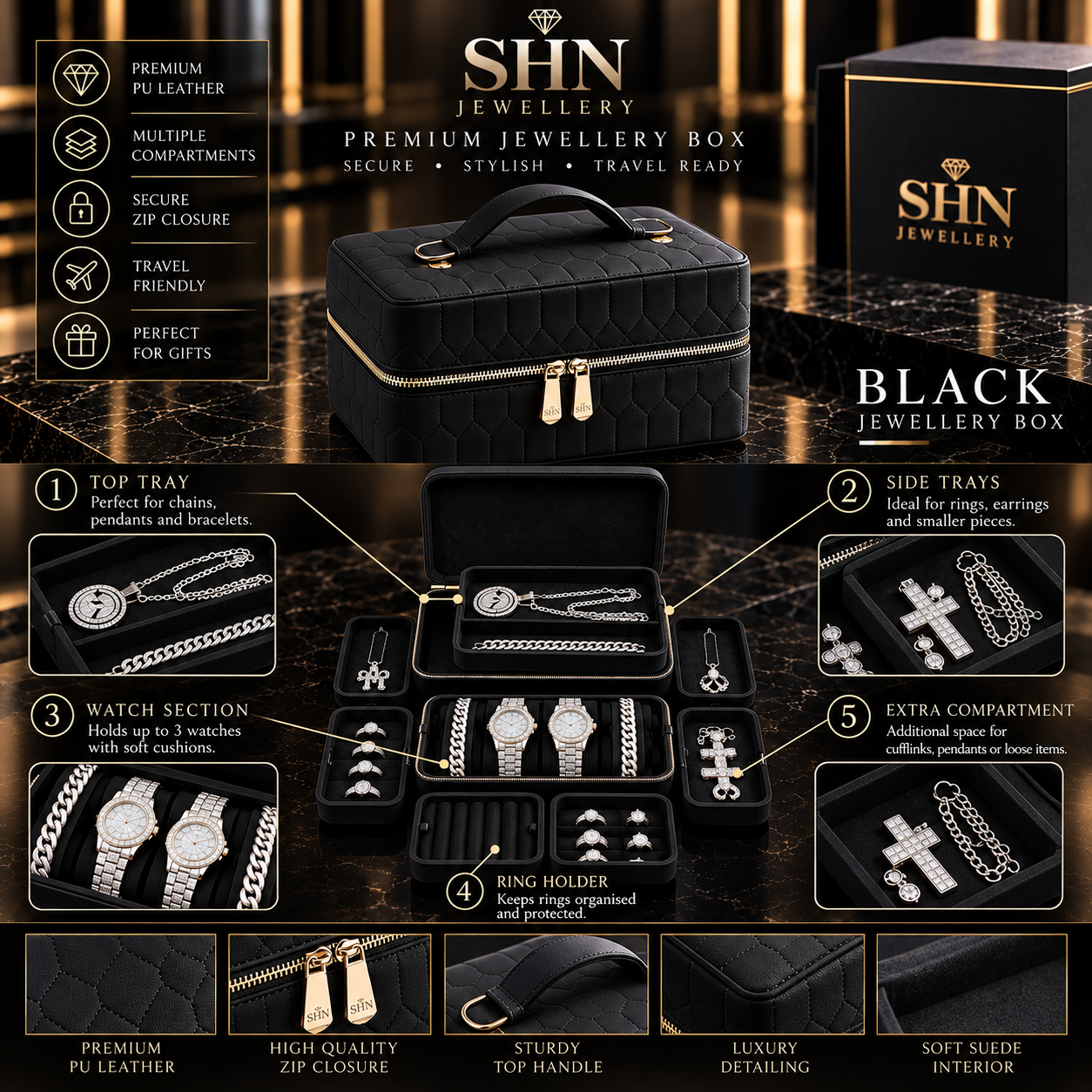 Custom black quilted jewellery box shown closed with its top handle, and open with every tray compartment laid out holding iced rings, chains and watches