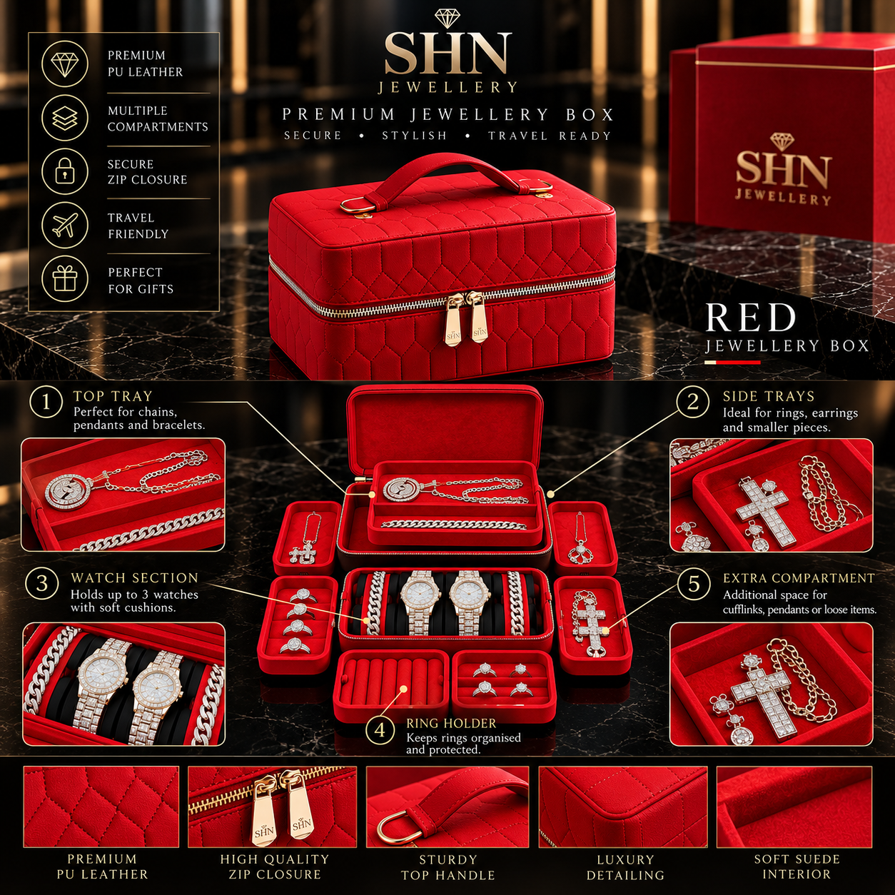Custom red quilted jewellery box shown closed with its top handle, and open with every tray compartment laid out holding iced rings, chains and watches