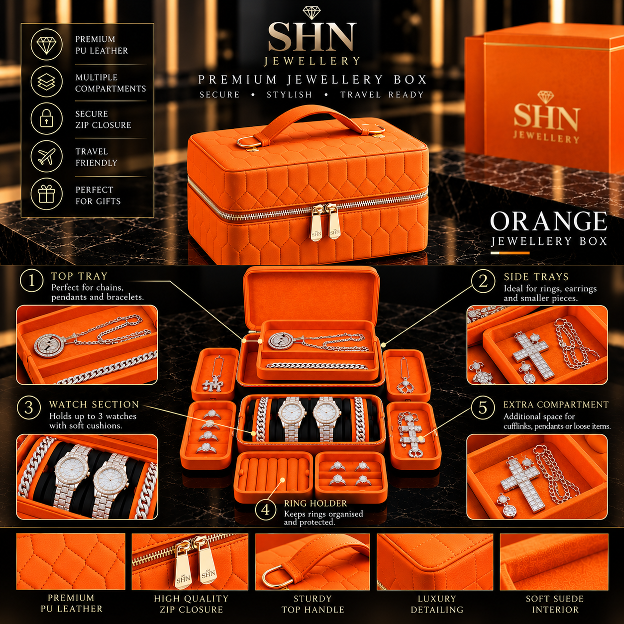 Custom orange quilted jewellery box shown closed with its top handle, and open with every tray compartment laid out holding iced rings, chains and watches